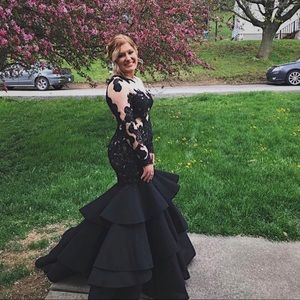 Sherri Hill Black Long Sleeved Mermaid Prom Dress